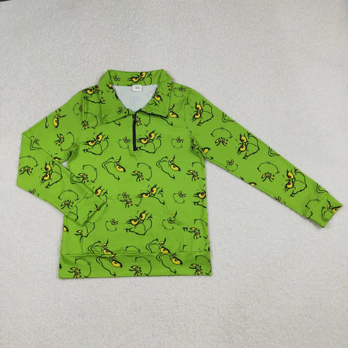 9.29 RTS Mama and Me Green Face Plaid Pocket Zipper Christmas Pullover Tops