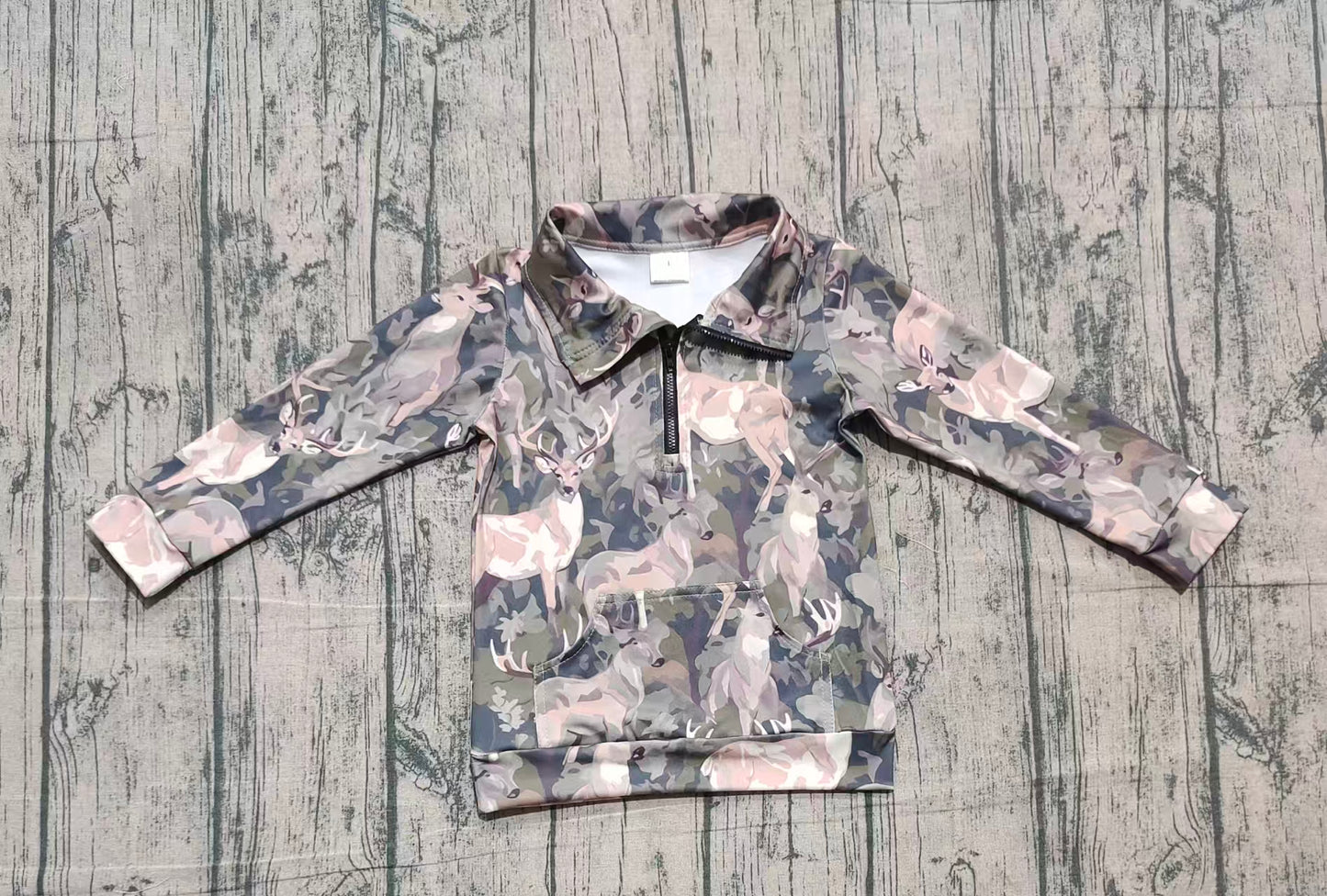 10.11 GT1180 Yoga Fabric Sample No Moq Baby Girls Olive Deer Camo Pockets Zipper Yoga Pullovers Top