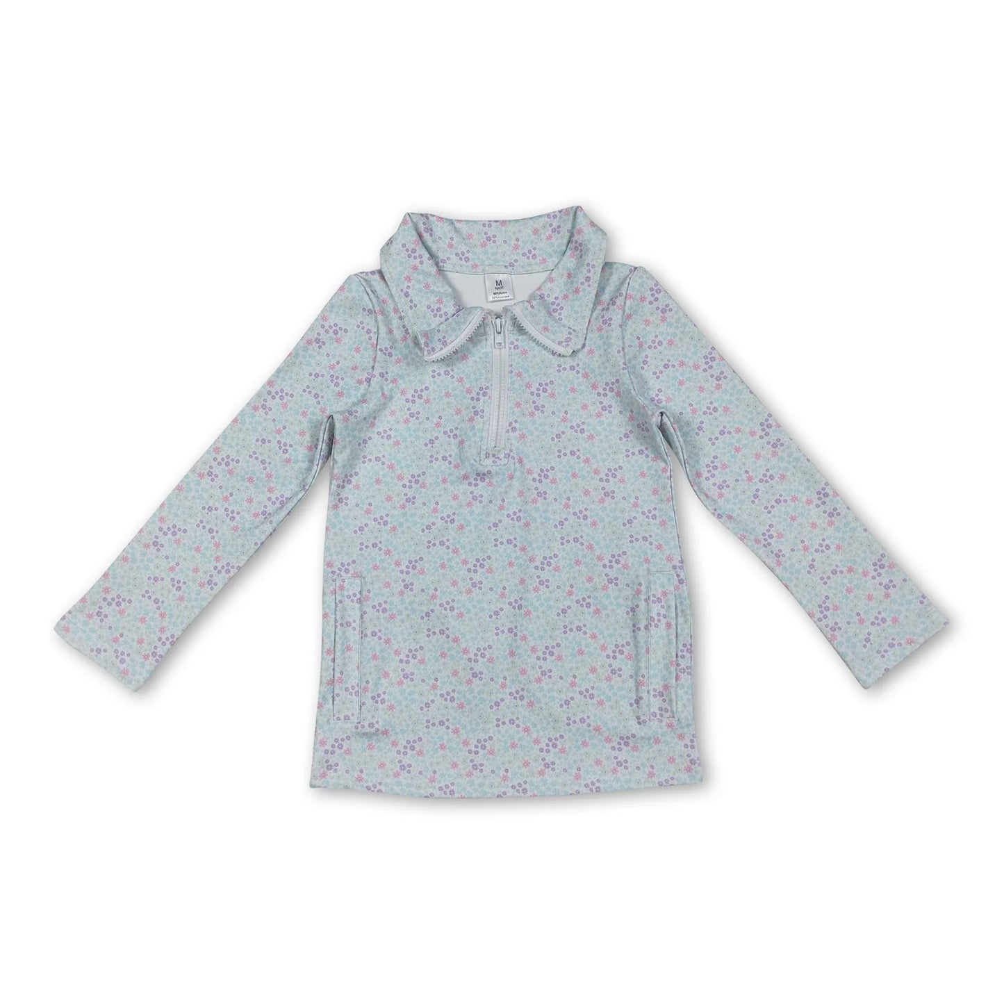 10.13 RTS Sibling Baby Girls Pink Blue Flowers Pockets Zipper Yoga Active Pullovers Top