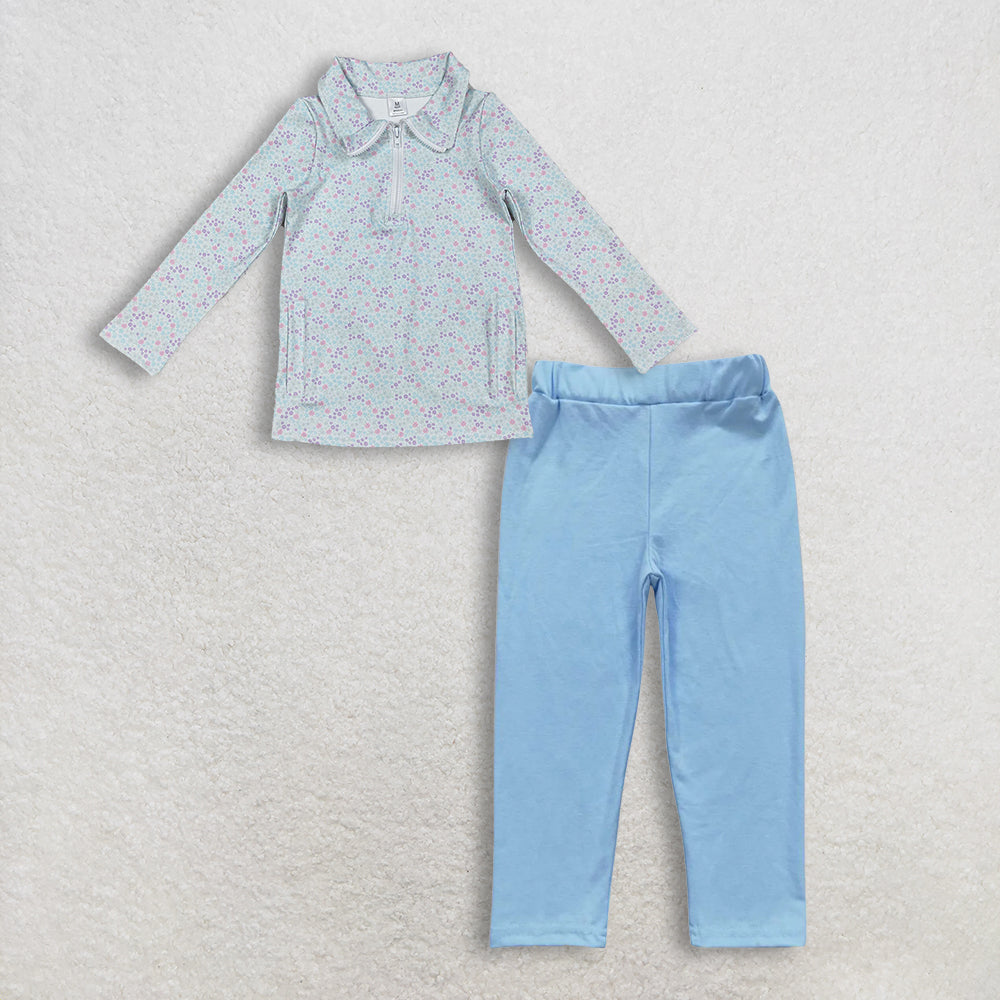 12.9 RTS NO MOQ (In stock)GT1182 + P0209 Baby Girls Flower Pockets Zip Yoga Active Pullovers Blue Leggings Clothes Set