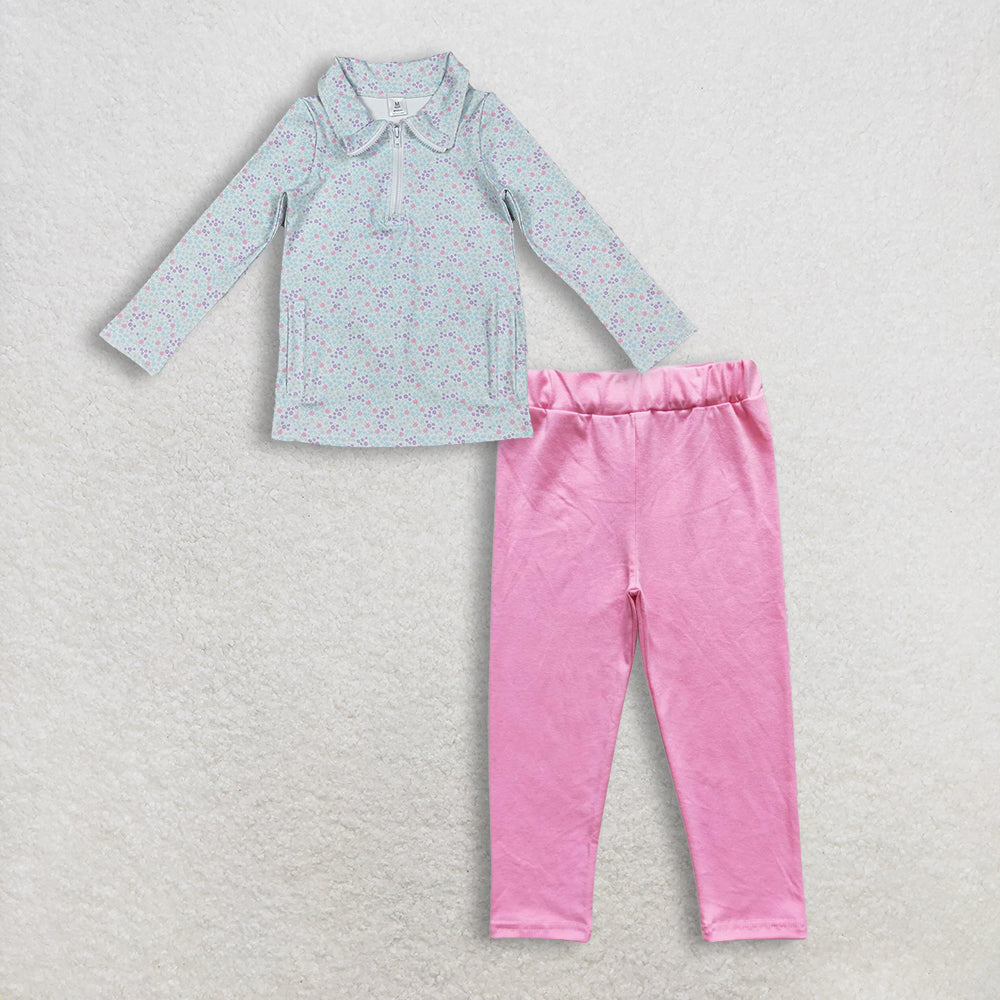 12.9 RTS NO MOQ (In stock)GT1182 + P0212 Baby Girls Flower Pockets Zip Yoga Active Pullovers Pink Leggings Clothes Set