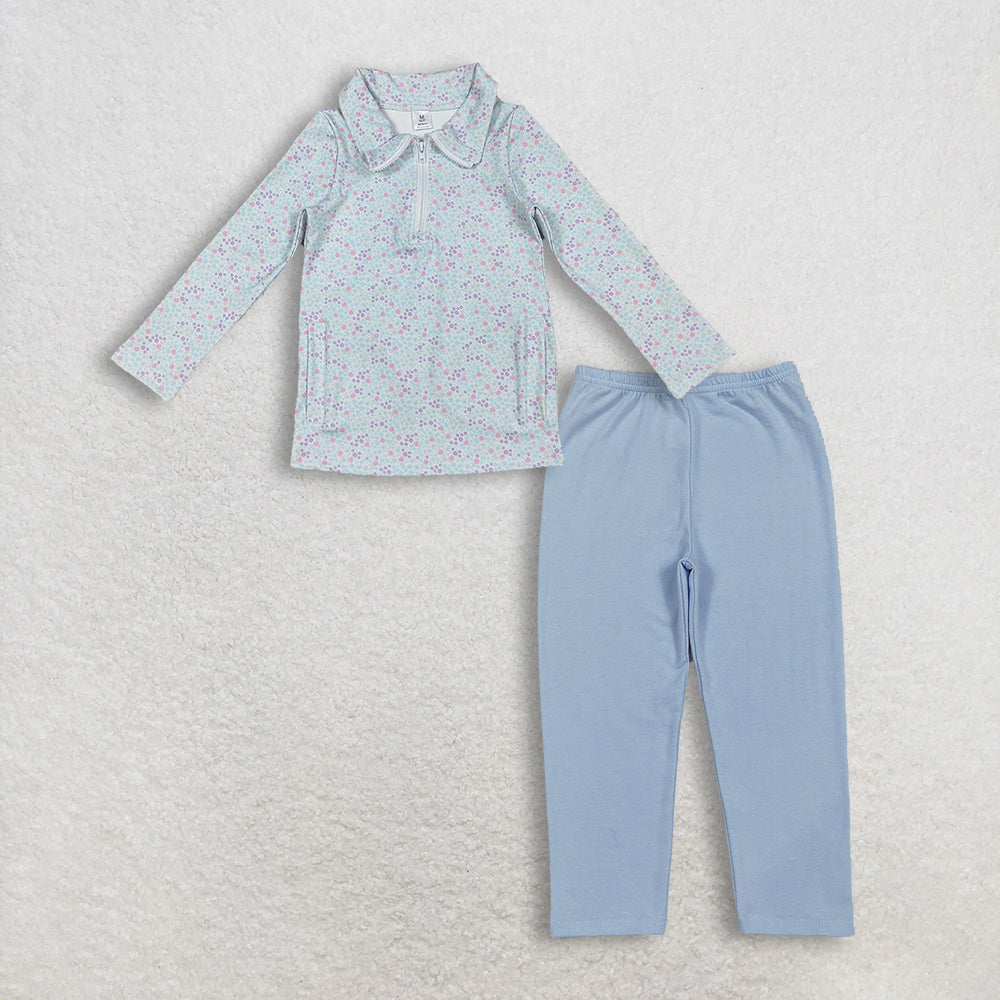 12.9 RTS NO MOQ (In stock)GT1182 + P0820 Baby Girls Flower Pockets Zip Yoga Active Pullovers Light Blue Leggings Clothes Set
