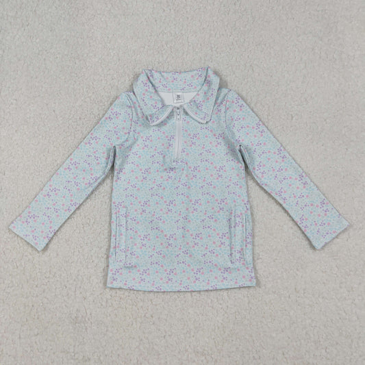 10.10 RTS NO MOQ (In stock)GT1182 Baby Girls Long Sleeve Tops Baby Girls Small Floral Zipper Pockets Yoga Active Pullovers Top