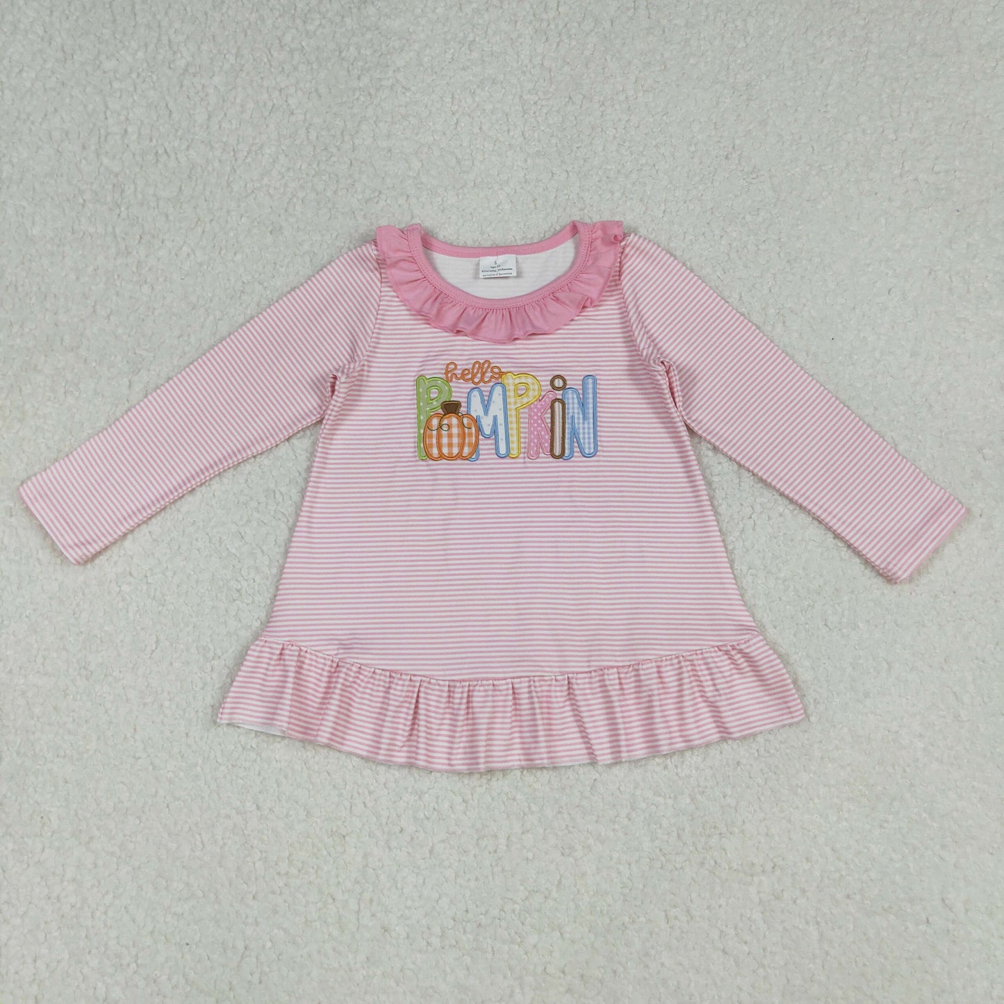 10.1 RTS NO MOQ (In stock)GT1183 Baby Girls Long Sleeve Tops Embroidery Pumpkins Baby Girls Pink Stripe Fall Tee Shirts Top