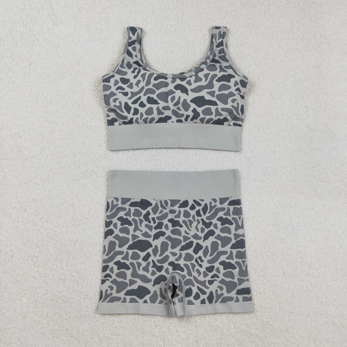 RTS NO MOQ (In stock)GT1188+SS0643Adult Women's Yoga Outfits Grey Camo Knitted Yoga Crop Top And Bottoms Set