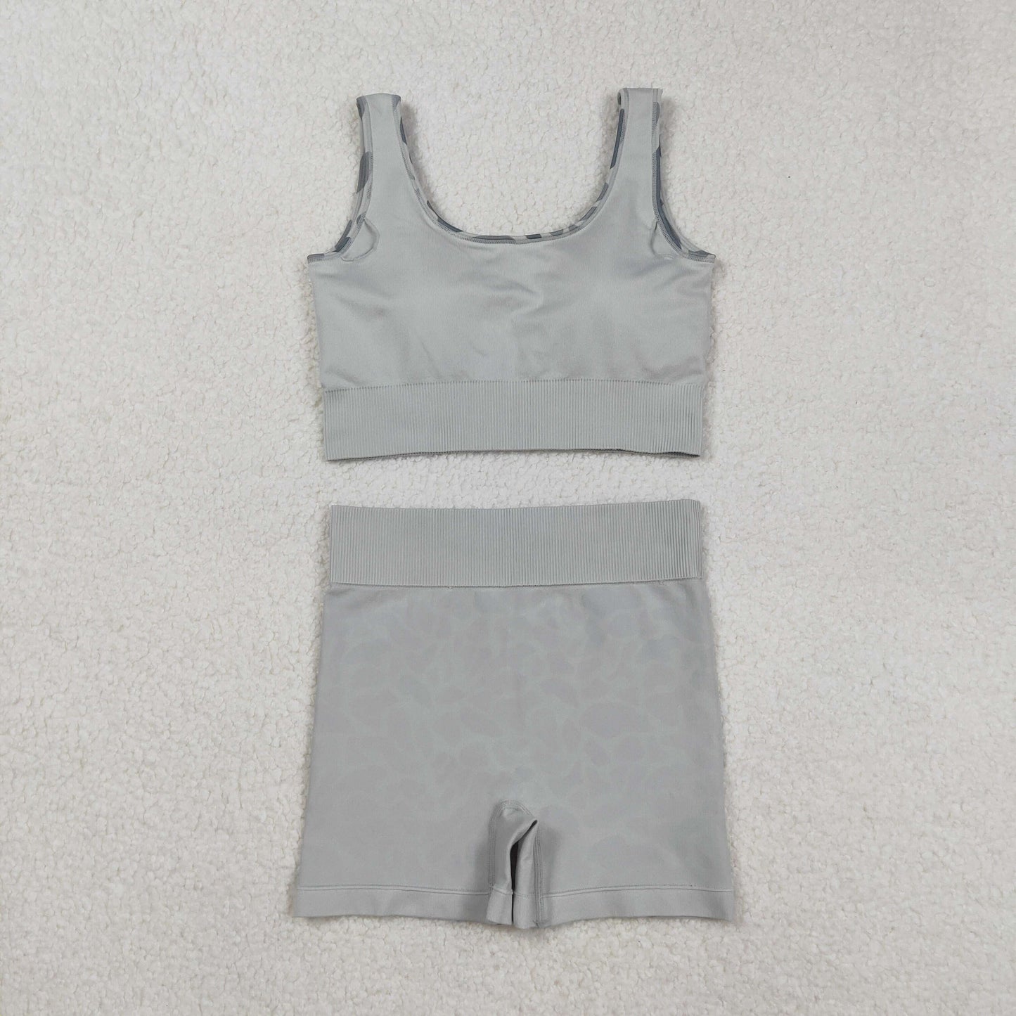 RTS NO MOQ (In stock)GT1188+SS0643Adult Women's Yoga Outfits Grey Camo Knitted Yoga Crop Top And Bottoms Set