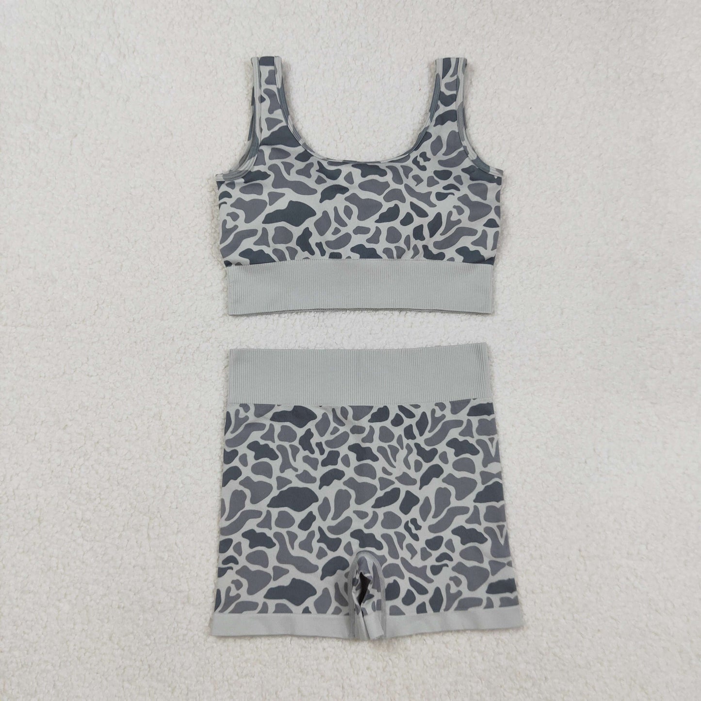 RTS NO MOQ (In stock)GT1188+SS0643Adult Women's Yoga Outfits Grey Camo Knitted Yoga Crop Top And Bottoms Set
