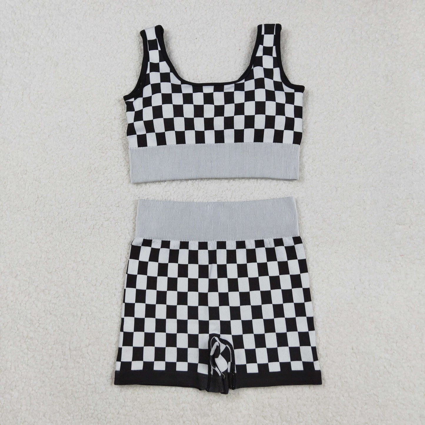 RTS NO MOQ (In stock)GT1189+SS0644 Adult Women's Yoga Outfits Black Checkered Knitted Yoga Crop Top High Waist Bottoms Set