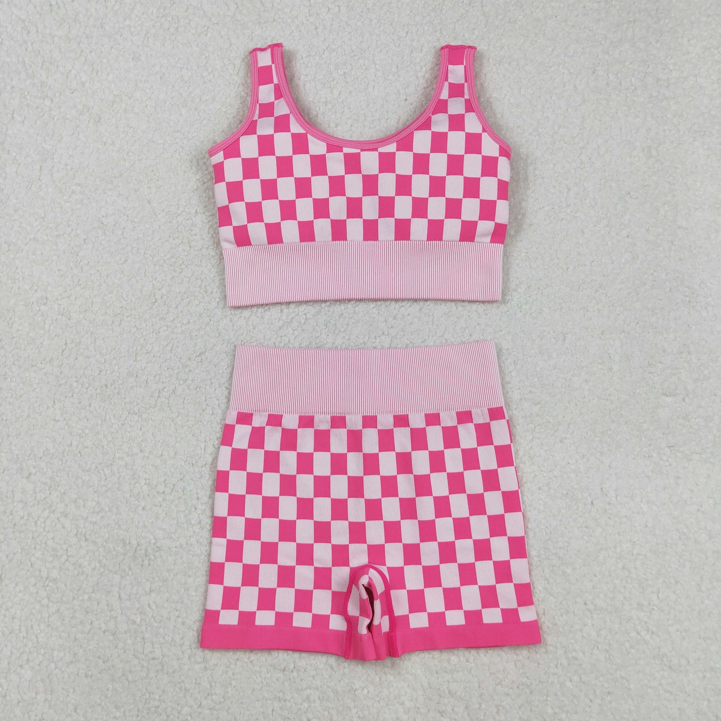 RTS NO MOQ (In stock)GT1190+SS0645 Adult Women's Yoga Outfits Sleeveless Plaid Thick Fabric Activewear Adult Clothing Pink
