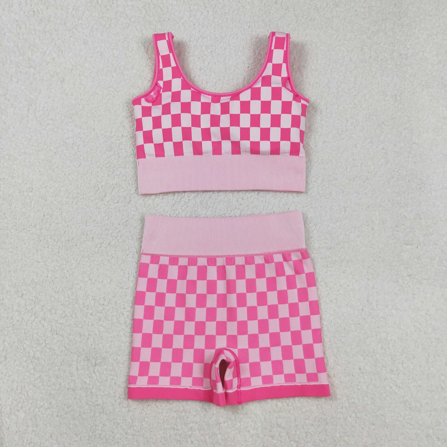 RTS NO MOQ (In stock)GT1190+SS0645 Adult Women's Yoga Outfits Sleeveless Plaid Thick Fabric Activewear Adult Clothing Pink