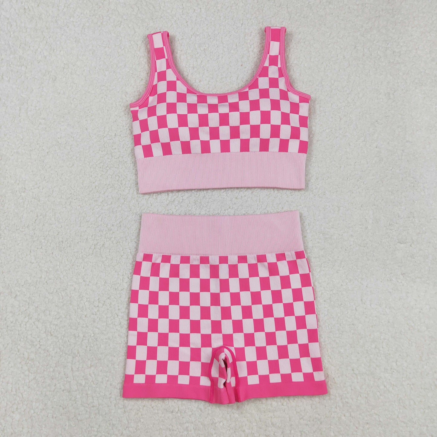 RTS NO MOQ (In stock)GT1190+SS0645 Adult Women's Yoga Outfits Sleeveless Plaid Thick Fabric Activewear Adult Clothing Pink