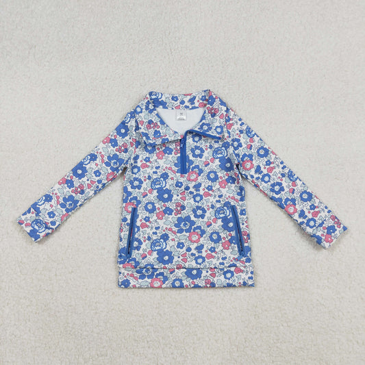 10.11 RTS NO MOQ (In stock)GT1192 Baby Girls Long Sleeve Tops Baby Girls Blue Pink Floral Zipper Pockets Yoga Active Pullovers Top