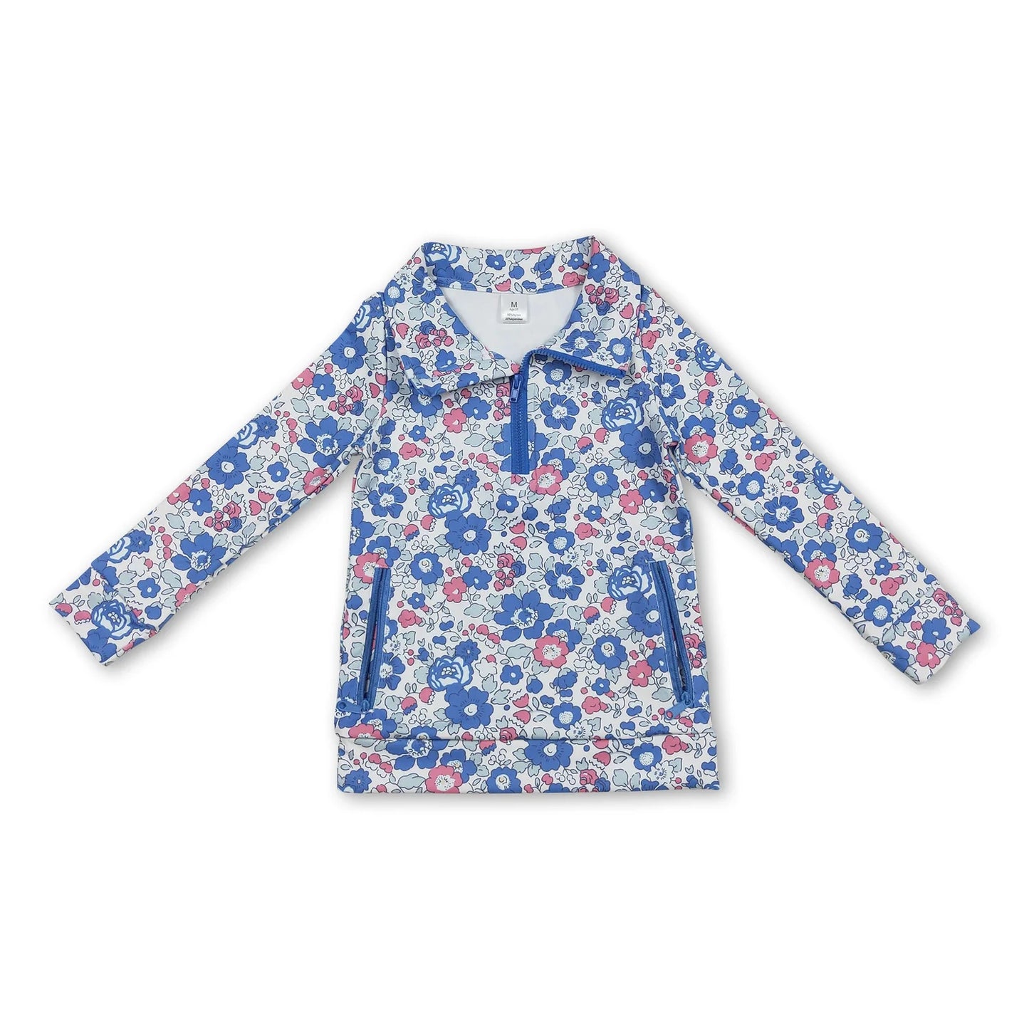 10.13 RTS Sibling Baby Girls Pink Blue Flowers Pockets Zipper Yoga Active Pullovers Top
