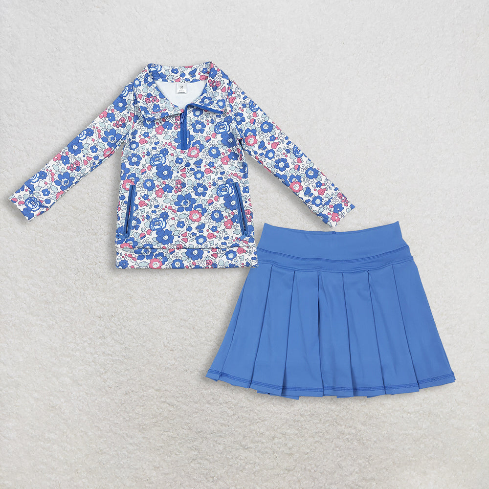 11.24 RTS NO MOQ (In stock)GT1192 + GLK0084 Baby Girls Blue Pink Floral Zipper Pockets Yoga Active Pullovers Top Hot Blue Active Wear Skirts