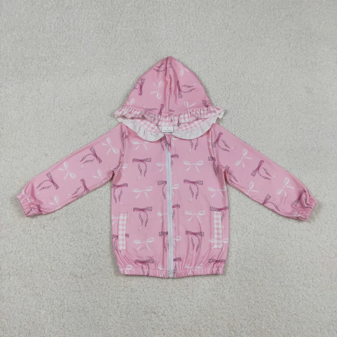 12.30 RST Sibling Baby Girls Long Sleeve Bows Checked Mouths Ruffle Hoodie Zip Pockets Jackets Top
