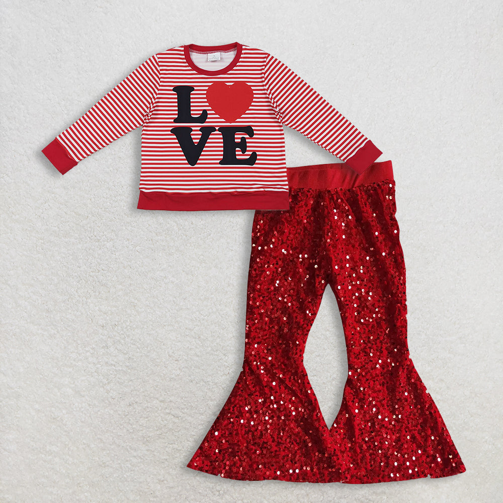 11.12 RTS NO MOQ (In stock)GT1235 + B4-11 Baby Girls Red Stripe Love Heart Valentine Tee Shirts Top sequin bell pants