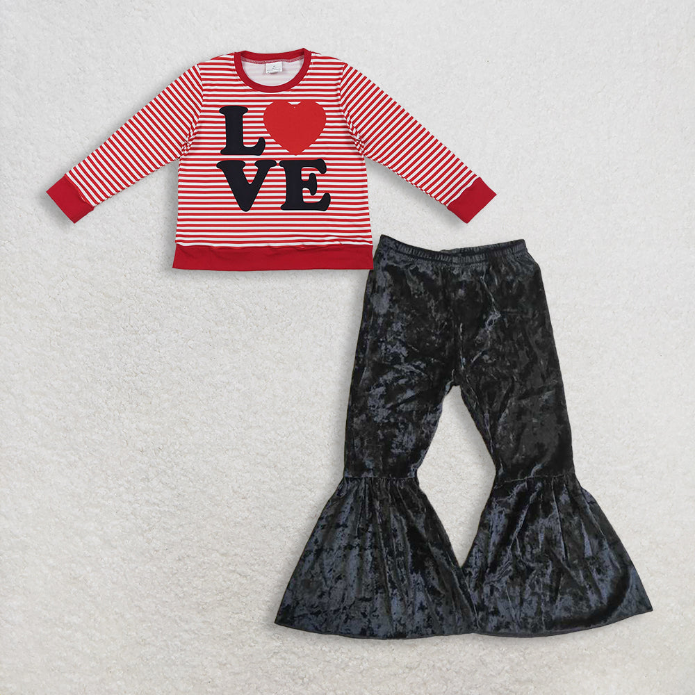 11.21 RTS NO MOQ (In stock)GT1235 + C3-12 Baby Girls Red Stripe Love Heart Valentine Tee Shirts Top Black Velvet Bell Pants