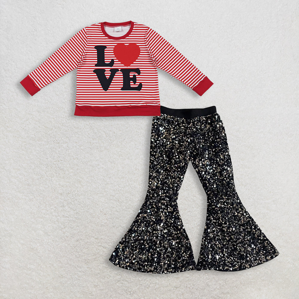11.21 RTS NO MOQ (In stock)GT1237 + E5-30 Baby Girls Red Stripe Love Heart Valentine Tee Shirts Top Sequin black bell-bottoms