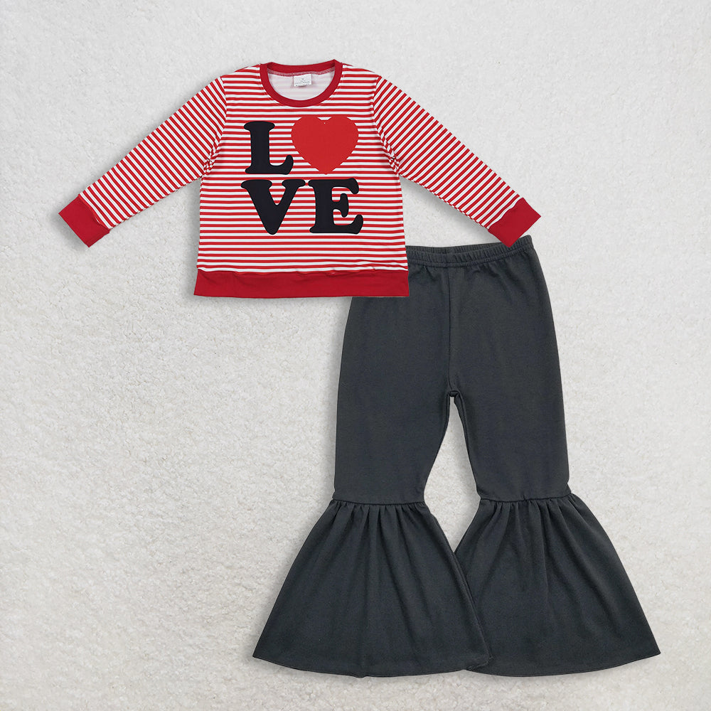 11.12 RTS NO MOQ (In stock)GT1235 + P0422 Baby Girls Red Stripe Love Heart Valentine Tee Shirts Top Bell Bottom Flare Pants