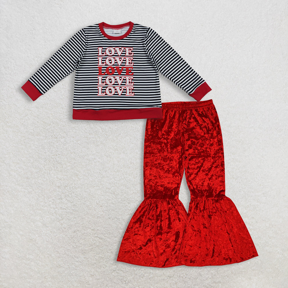 11.12 RTS NO MOQ (In stock)GT1237 + B3-11 Baby Girls Long Sleeve Black Stripe Loves Valentine Tee Shirts Top Velvet Bell Bottom Pants