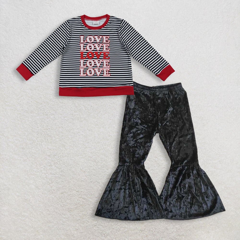 11.21 RTS NO MOQ (In stock)GT1237 + C3-12 Baby Girls Long Sleeve Black Stripe Loves Valentine Tee Shirts Top Black Velvet Bell Pants