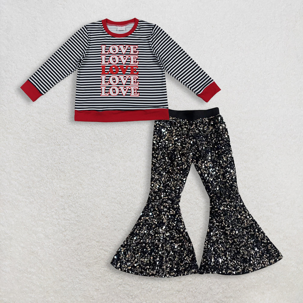 11.21 RTS NO MOQ (In stock)GT1235 + E5-30 Baby Girls Long Sleeve Black Stripe Loves Valentine Tee Shirts Top Sequin black bell-bottoms