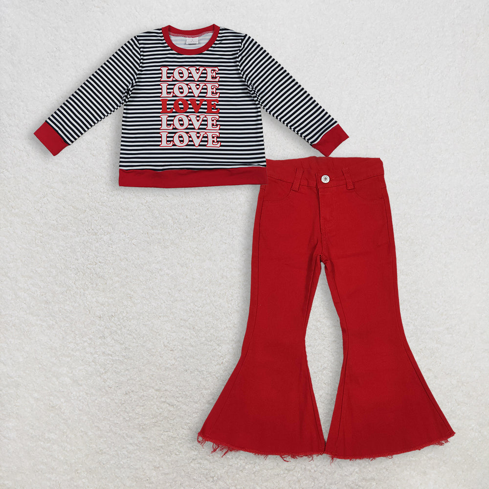 12.11 RTS NO MOQ (In stock)GT1237 + P0083 Baby Girls Long Sleeve Black Stripe Loves Valentine Tee Shirts Top Denim Bell Jeans Pants