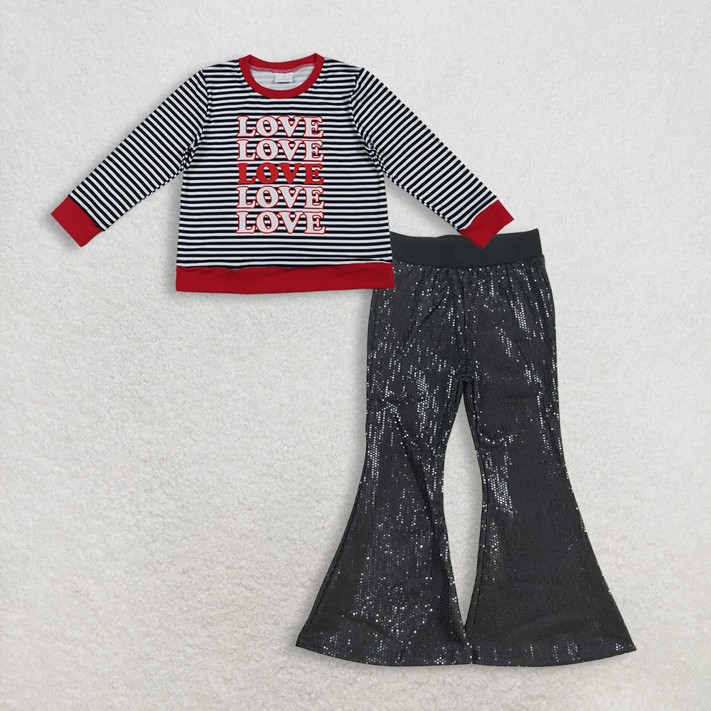 11.24 RTS NO MOQ (In stock)GT1237 + P0495 Baby Girls Long Sleeve Black Stripe Loves Valentine Tee Shirts Top Sequin Black Bell Bottom Pants