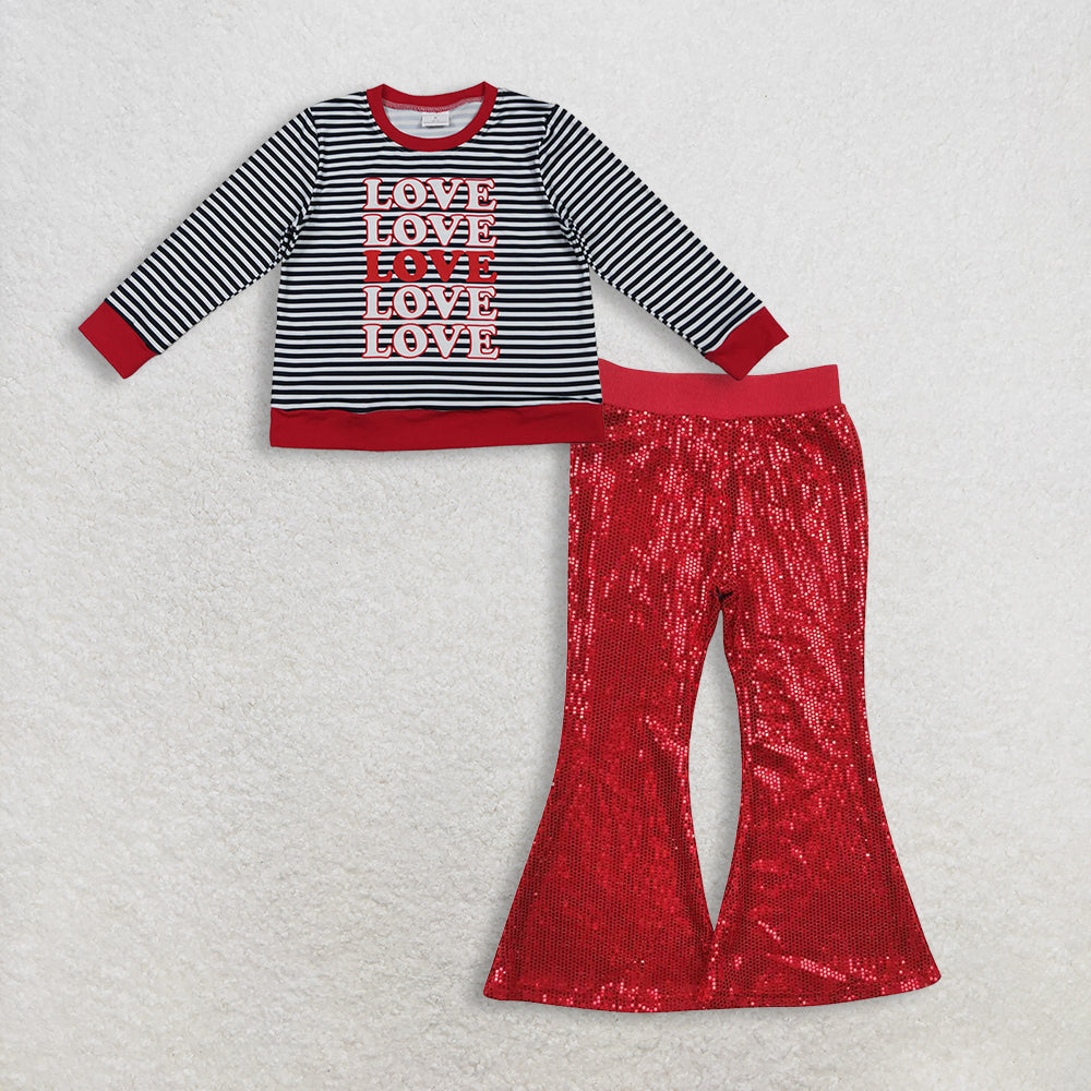 11.24 RTS NO MOQ (In stock)GT1237 + P0497 Baby Girls Long Sleeve Black Stripe Loves Valentine Tee Shirts Top Sequin Red Bell Bottom Pants