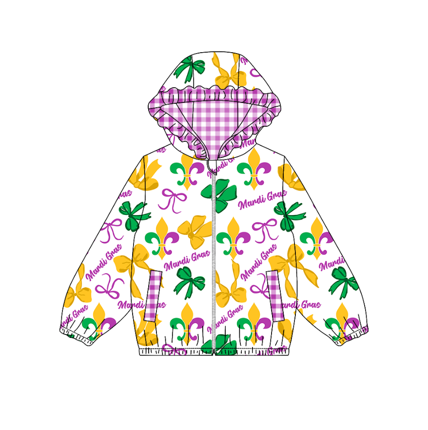 9.22 GT1250 Baby Girls Anchors Bows Pockets Zipper Mardigras Ruffle Hoodies Top Preorder
