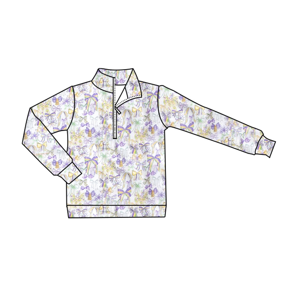 9.23 GT1251 Baby Girls Long Sleeve Mardigras Bows Zipper Pullovers Top Preorder