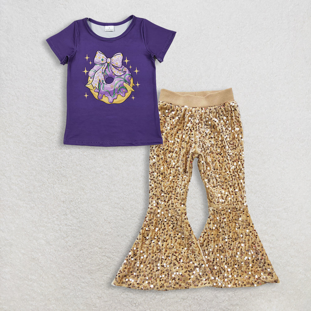 11.15 RTS NO MOQ (In stock)GT1252+ P0110 Baby Girls Purple Bows Donuts Top Golden Sequin Bell Bottom Pants