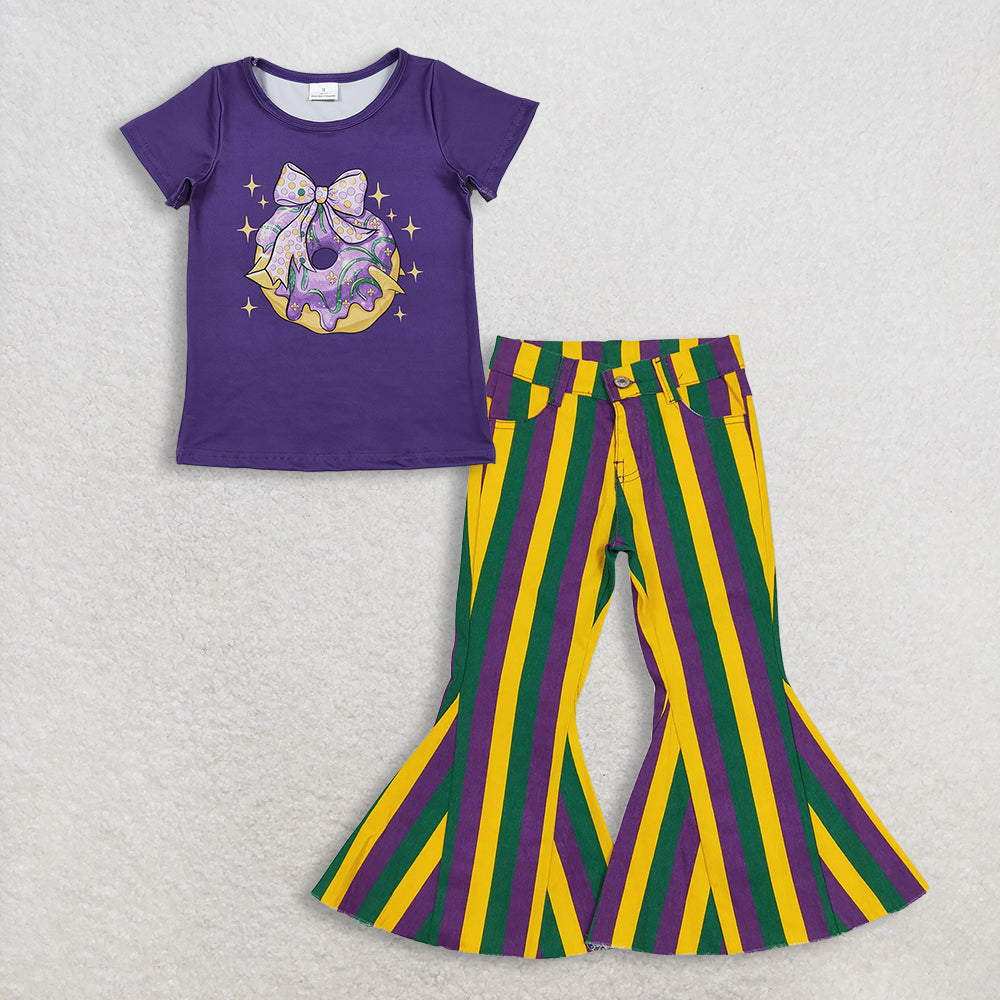 11.15 RTS NO MOQ (In stock)GT1252 + P0327 Baby Girls Purple Bow Donuts Top Stripes Bell Denim Pants Jeans