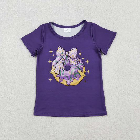 10.23 RTS NO MOQ (In stock)GT1252 Baby Girls Summer Tops Baby Girls Purple Short Sleeve Bow Donuts Mardigras Tee Shirts Top