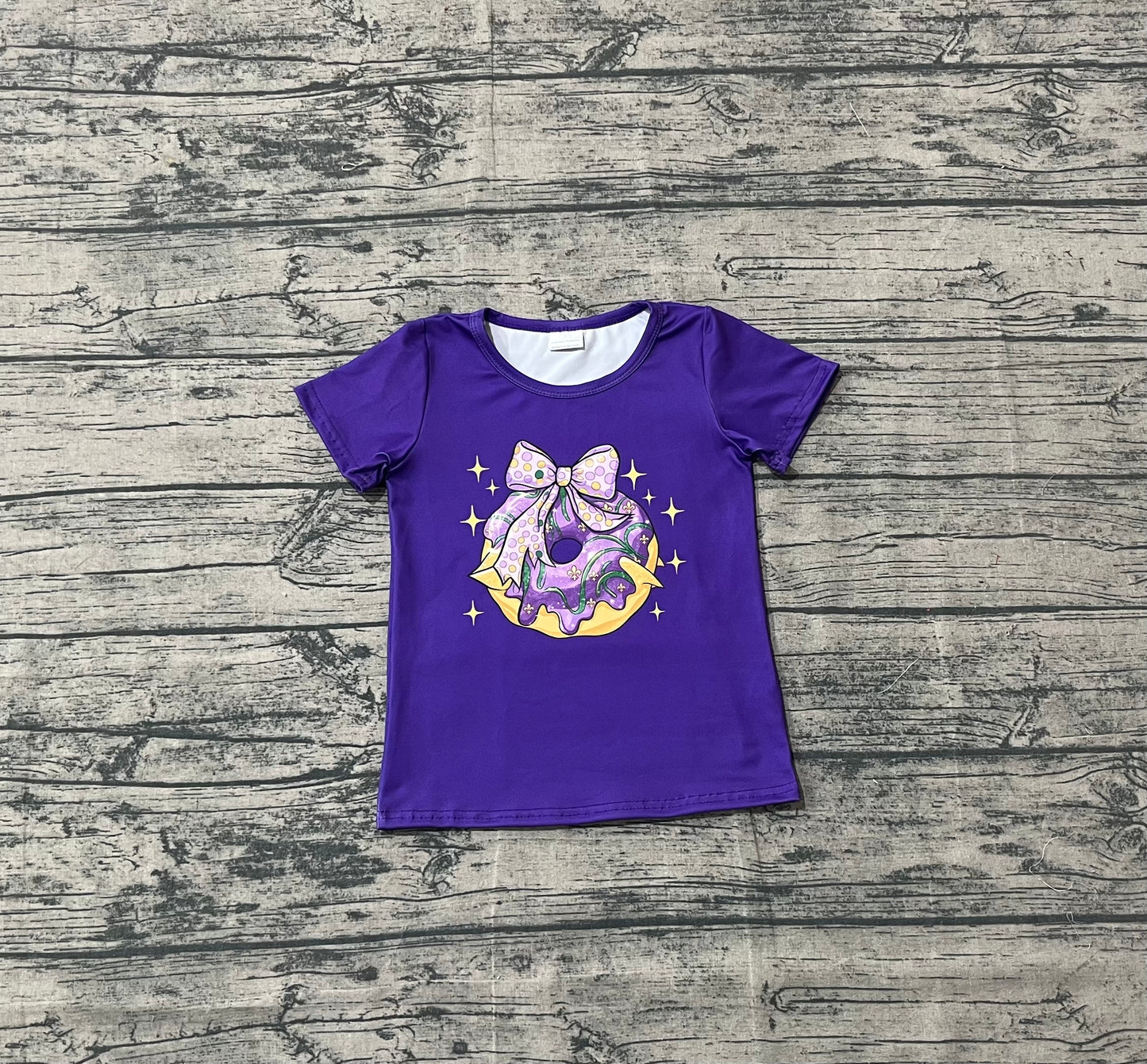 10.4 GT1252 Sample No Moq Baby Girls Purple Short Sleeve Donuts Bows Mardigras Tee Shirts Top