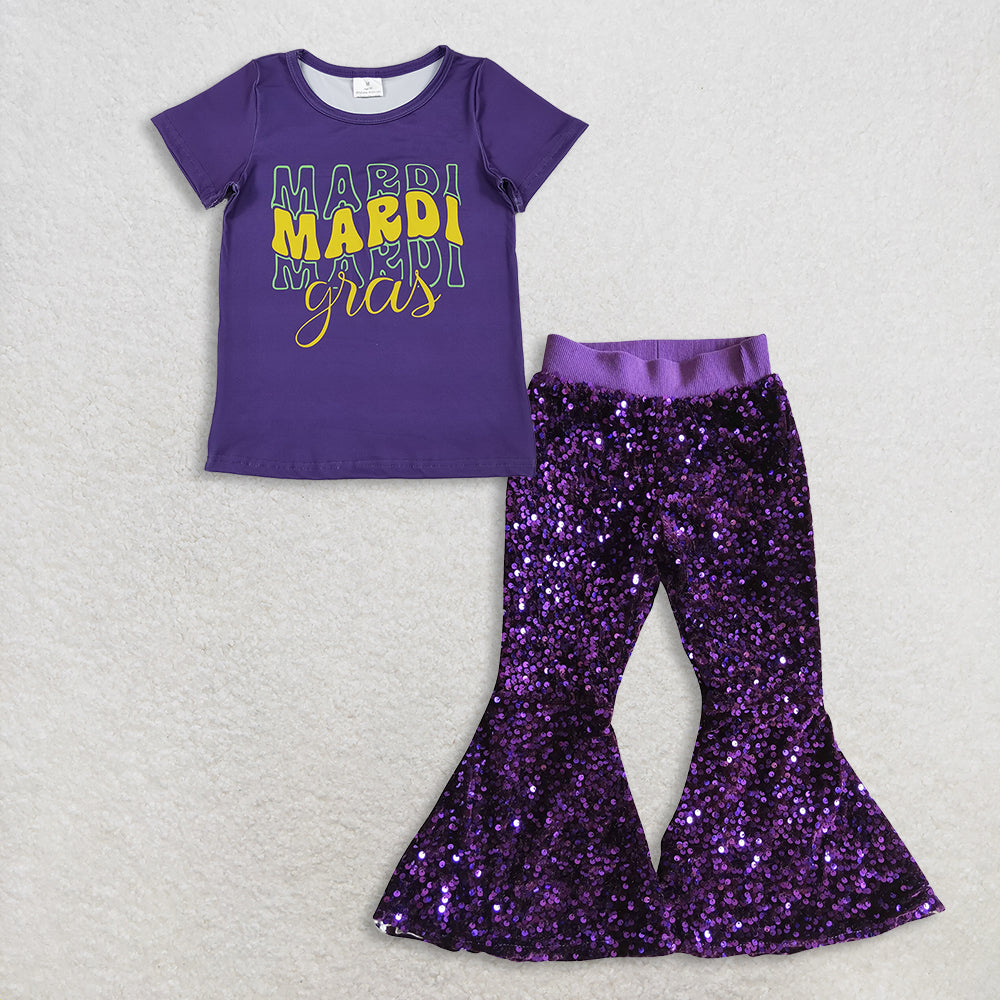 11.8 RTS NO MOQ (In stock)GT1253 + P0032 Baby Girls Purple Shirts Top Sequin Bell Bottom Pants Mardigras Clothes Sets