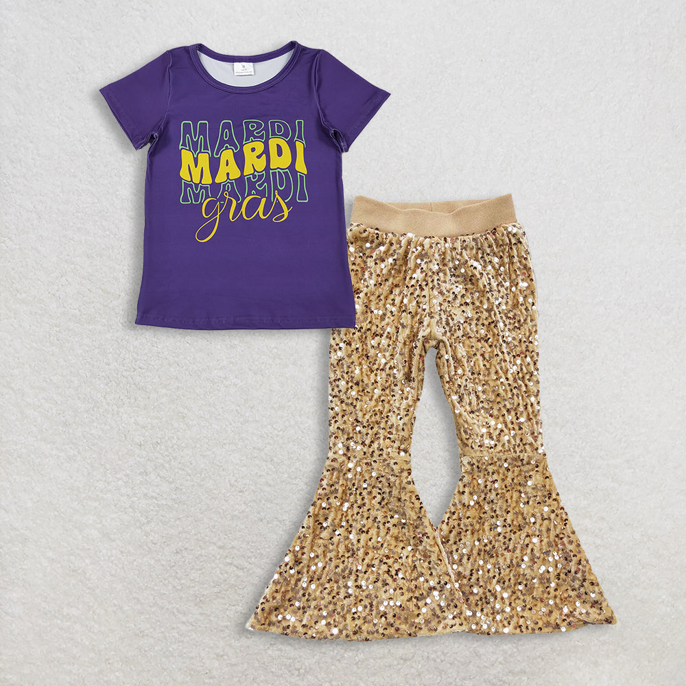 11.15 RTS NO MOQ (In stock)GT1253 + P0110 Baby Girls Purple Shirts Top Golden Sequin Bell Bottom Pants