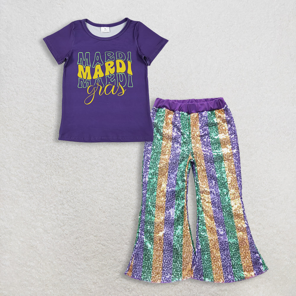 11.14 RTS NO MOQ (In stock)GT1253 + P0277 Baby Girls Purple Shirts Top Purple Green Golden Sequin Bell Bottom Pants