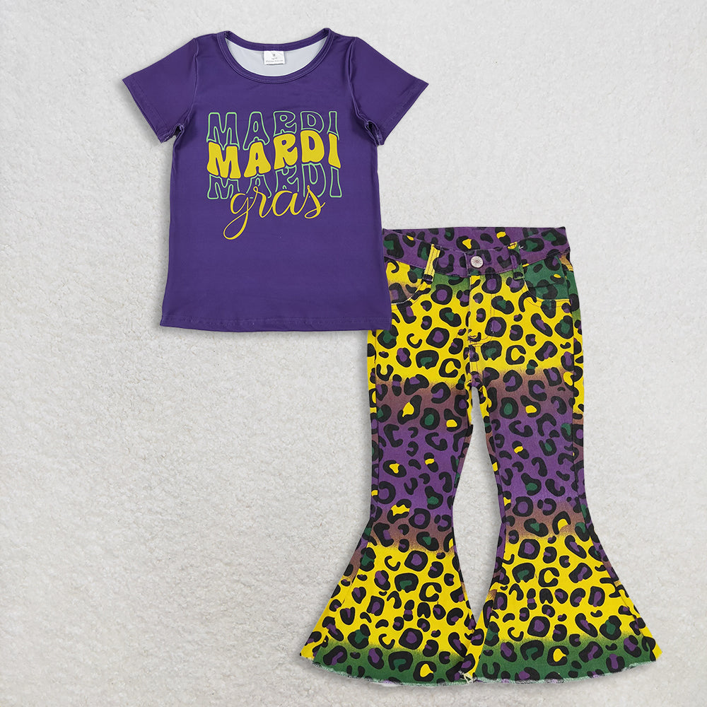 11.10 RTS NO MOQ (In stock)GT1253 + P0314 Baby Girls Purple Shirts Top Colorful Leopard Bell Denim Pants Jeans
