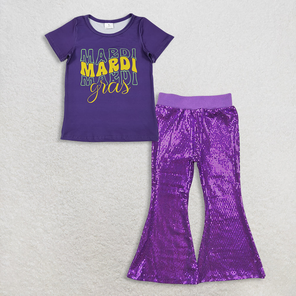 11.8 RTS NO MOQ (In stock)GT1253 + P0500 Baby Girls Purple Shirts Top Sequin Bell Bottom Pants Mardigras Clothes Sets