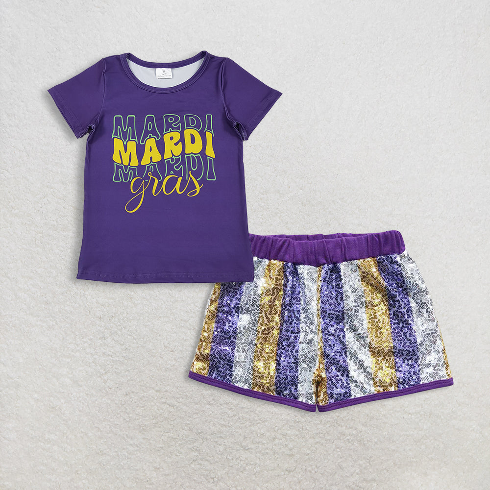 11.13 RTS NO MOQ (In stock)GT1253 + SS0115 Baby Girls Purple Shorts Top Purple White Gold Sequin Shorts