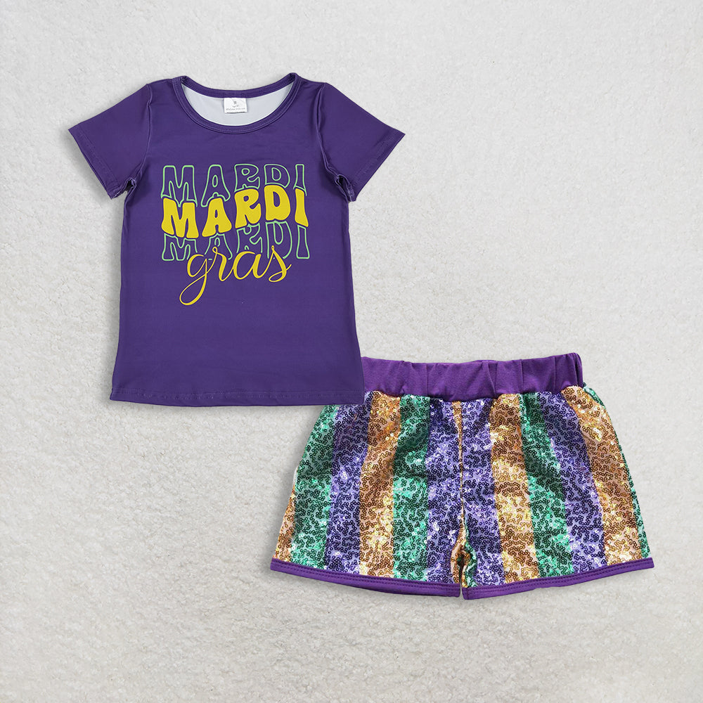 11.12 RTS NO MOQ (In stock)GT1253 + SS0116 Baby Girls Purple Shorts Top Stripe Sequin Shorts Mardigras Clothes Sets
