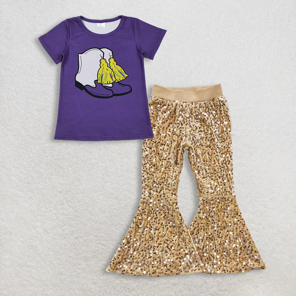 11.15 RTS NO MOQ (In stock)GT1254 + P0110 Baby Girls Purple Boots Tassel Top Golden Sequin Bell Bottom Pants