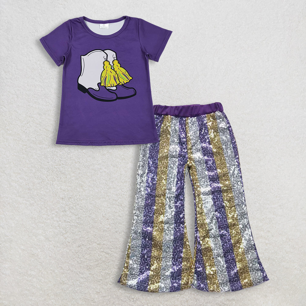 11.14 RTS NO MOQ (In stock)GT1254 + P0276 Baby Girls Purple Boots Tassel Top Stripe Sequin Flare Pants Mardigras Clothes Sets