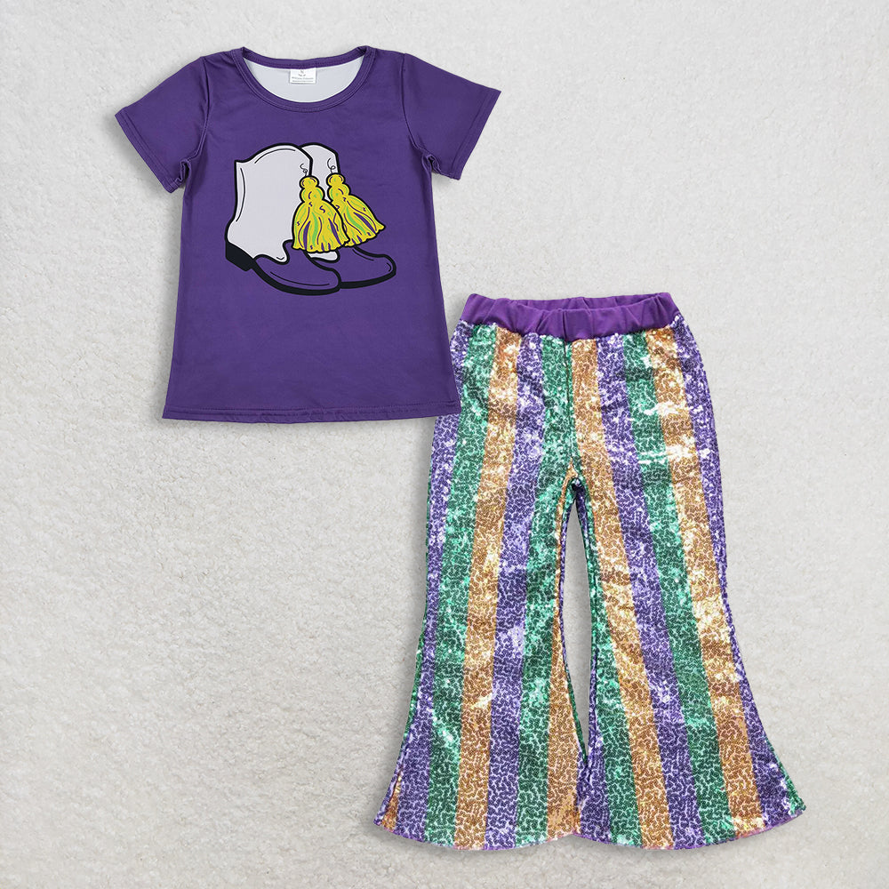 11.14 RTS NO MOQ (In stock)GT1254 + P0277 Baby Girls Purple Boots Tassel Top Purple Green Golden Sequin Bell Bottom Pants