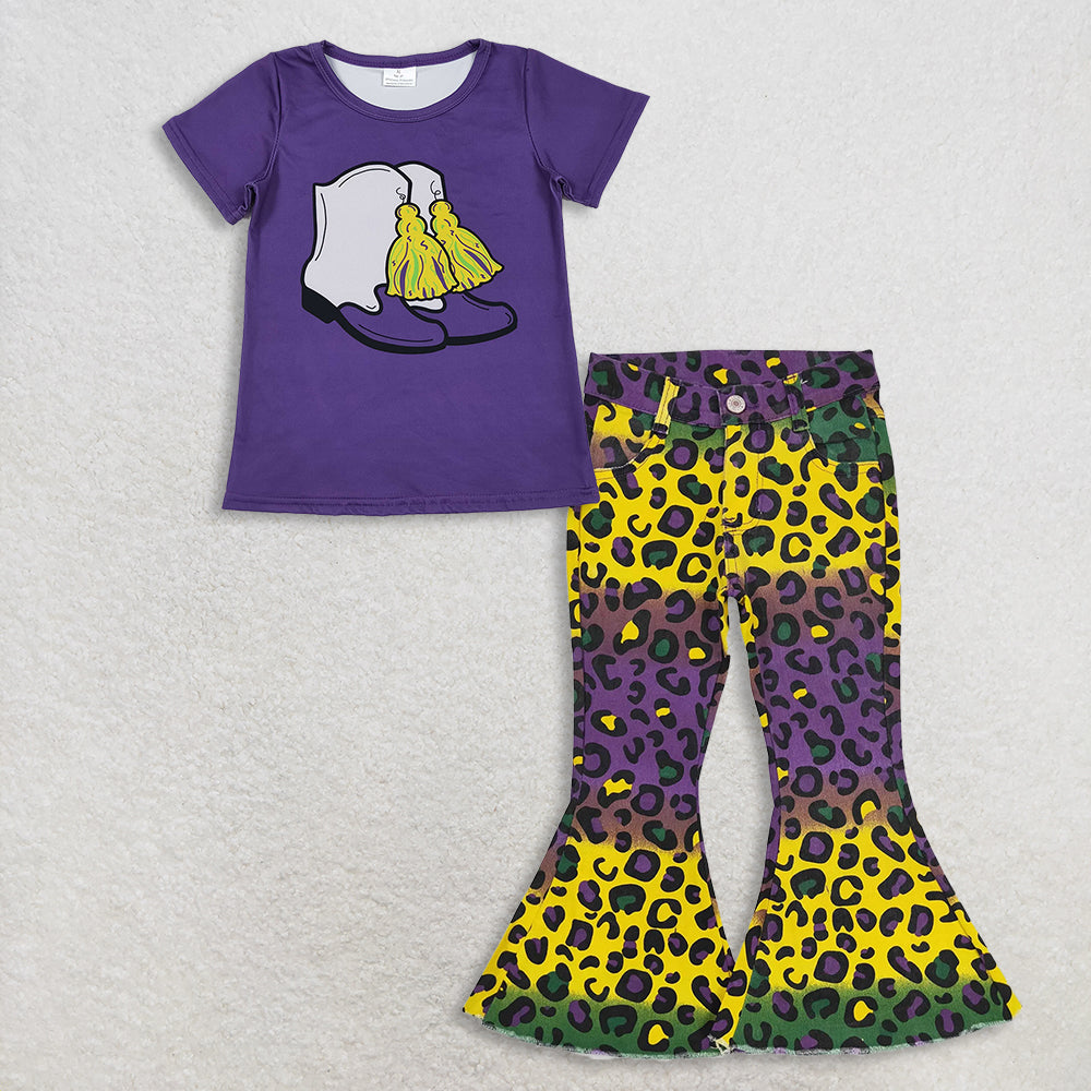 11.10 RTS NO MOQ (In stock)GT1254 + P0314 Baby Girls Purple Boot Tassel Top Colorful Leopard Bell Denim Pants Jeans