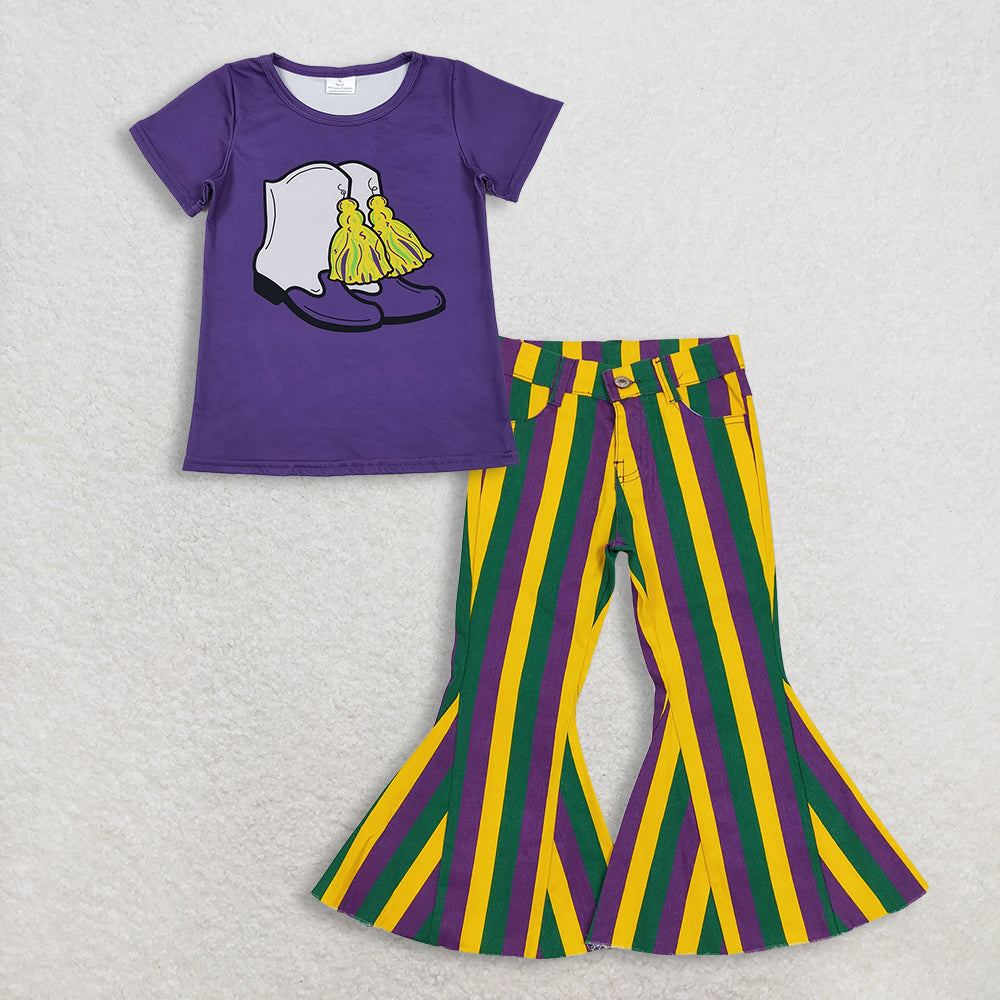 11.15 RTS NO MOQ (In stock)GT1254 + P0327 Baby Girls Purple Short Sleeve Boots Tassel Mardigras Tee Shirts Top Stripes Bell Denim Pants Jeans