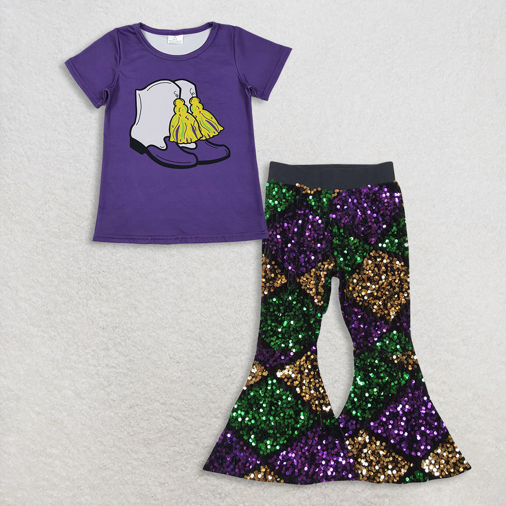 11.8 RTS NO MOQ (In stock)GT1254 + P0359 Baby Girls Purple Boots Tassel Top Sequin Bell Bottom Pants Mardigras Clothes Sets
