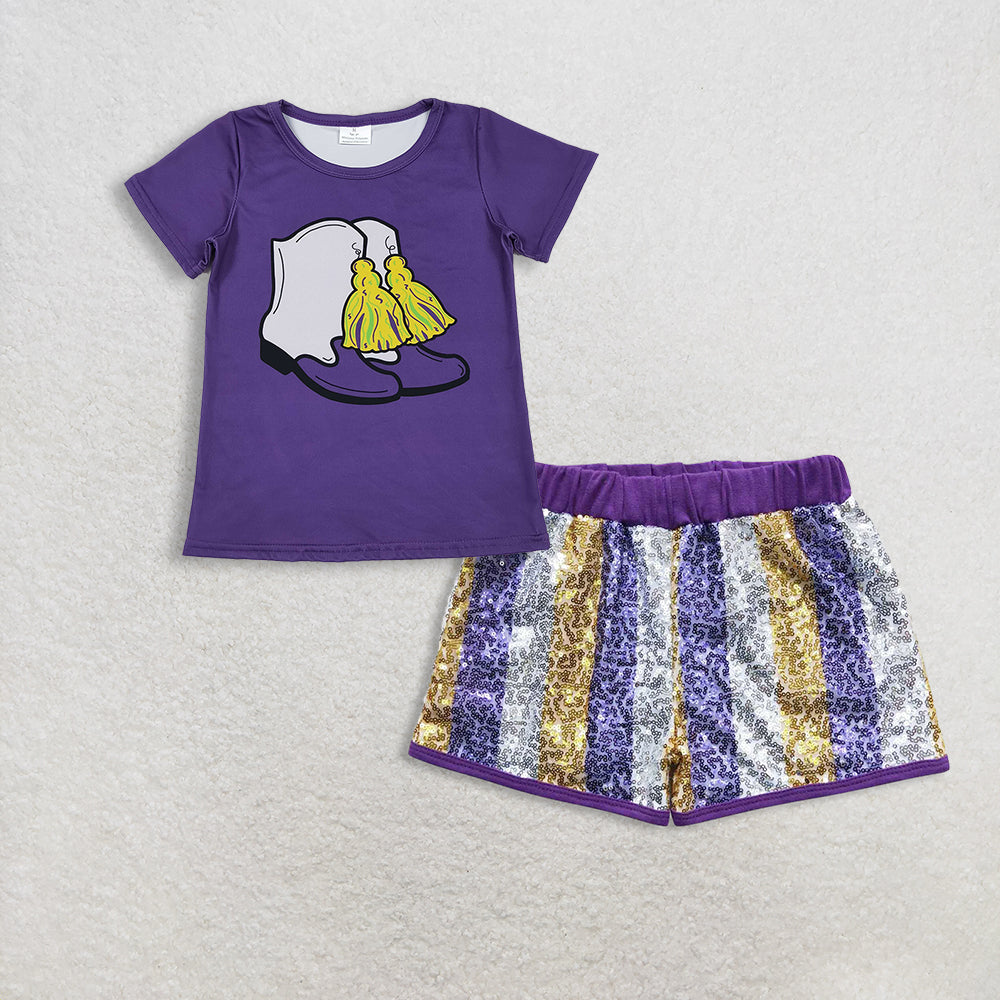 11.13 RTS NO MOQ (In stock)GT1254 + SS0115 Baby Girls Purple Boots Tassel Top Purple White Gold Sequin Shorts