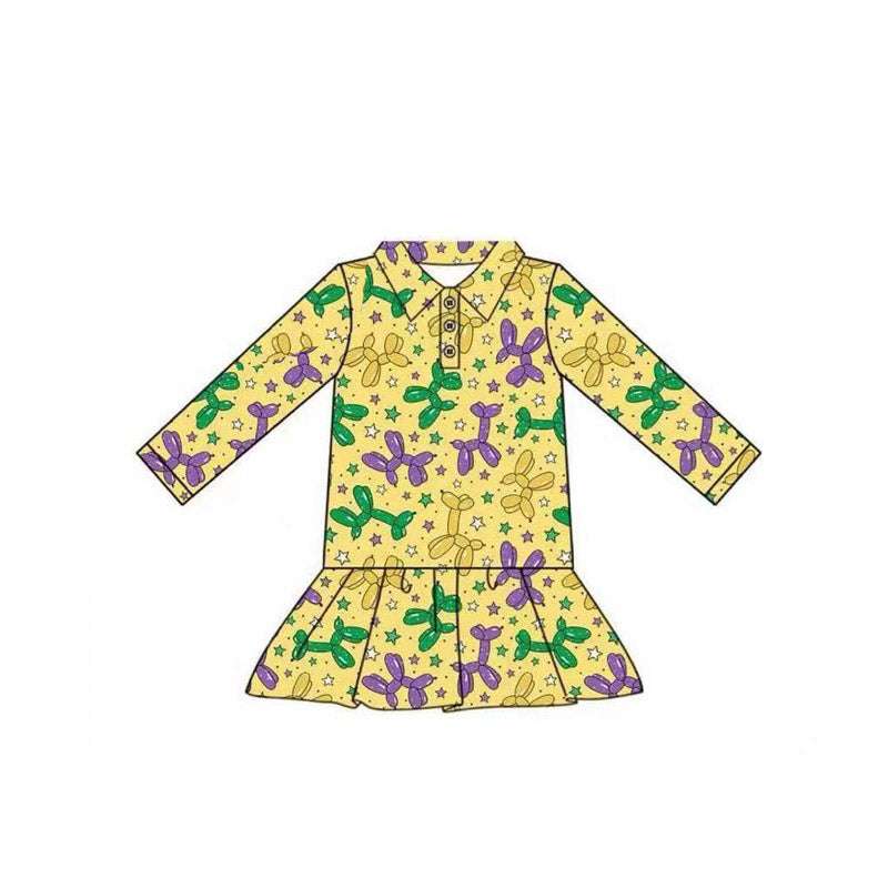 9.26 GT1261 Pre order No Moq Baby Girls Yellow Long Sleeve Stars Dogs Mardigras Button Ruffle Top